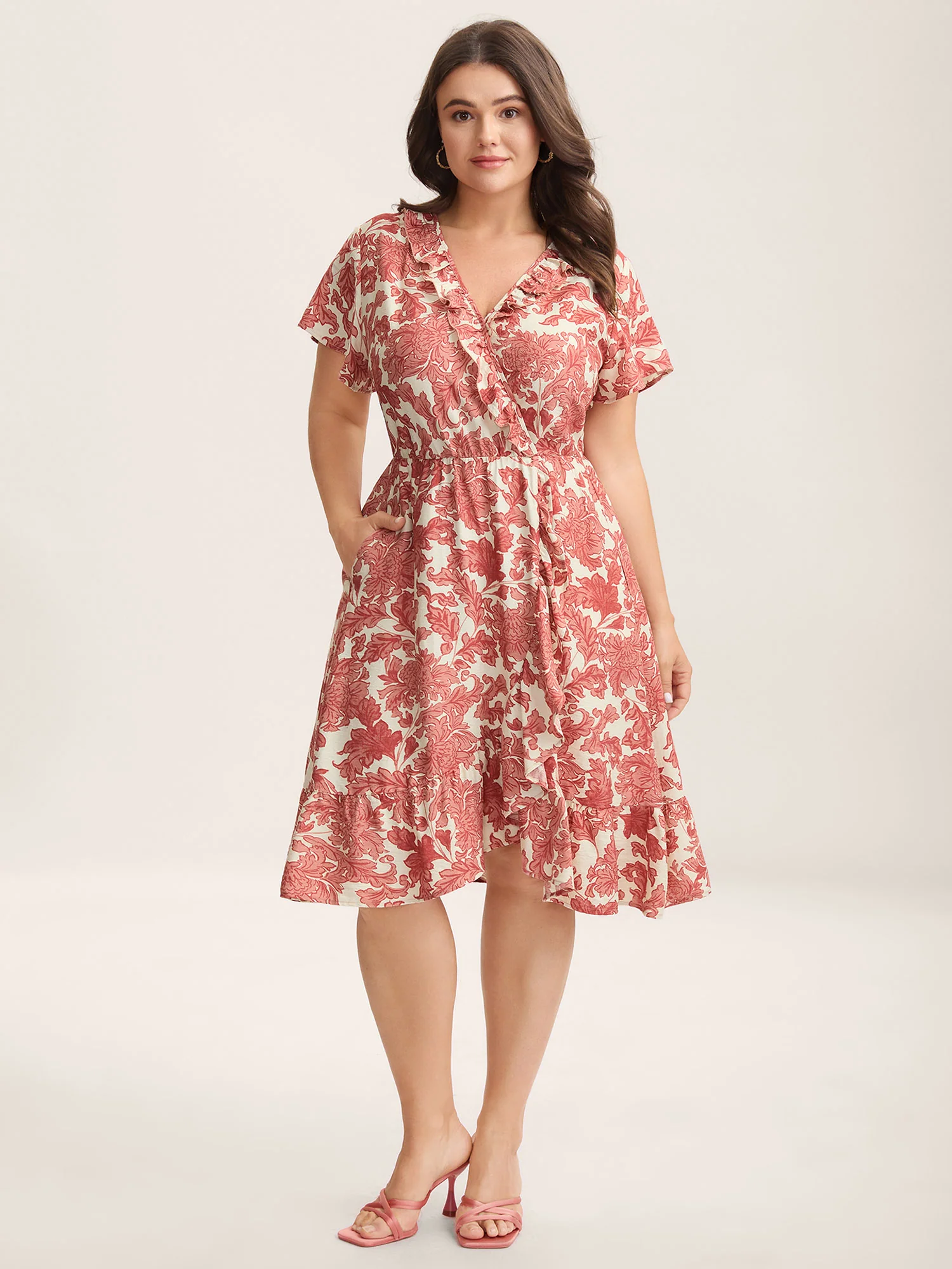 Floral Print Wrap Ruffled Midi Dress - Image 3