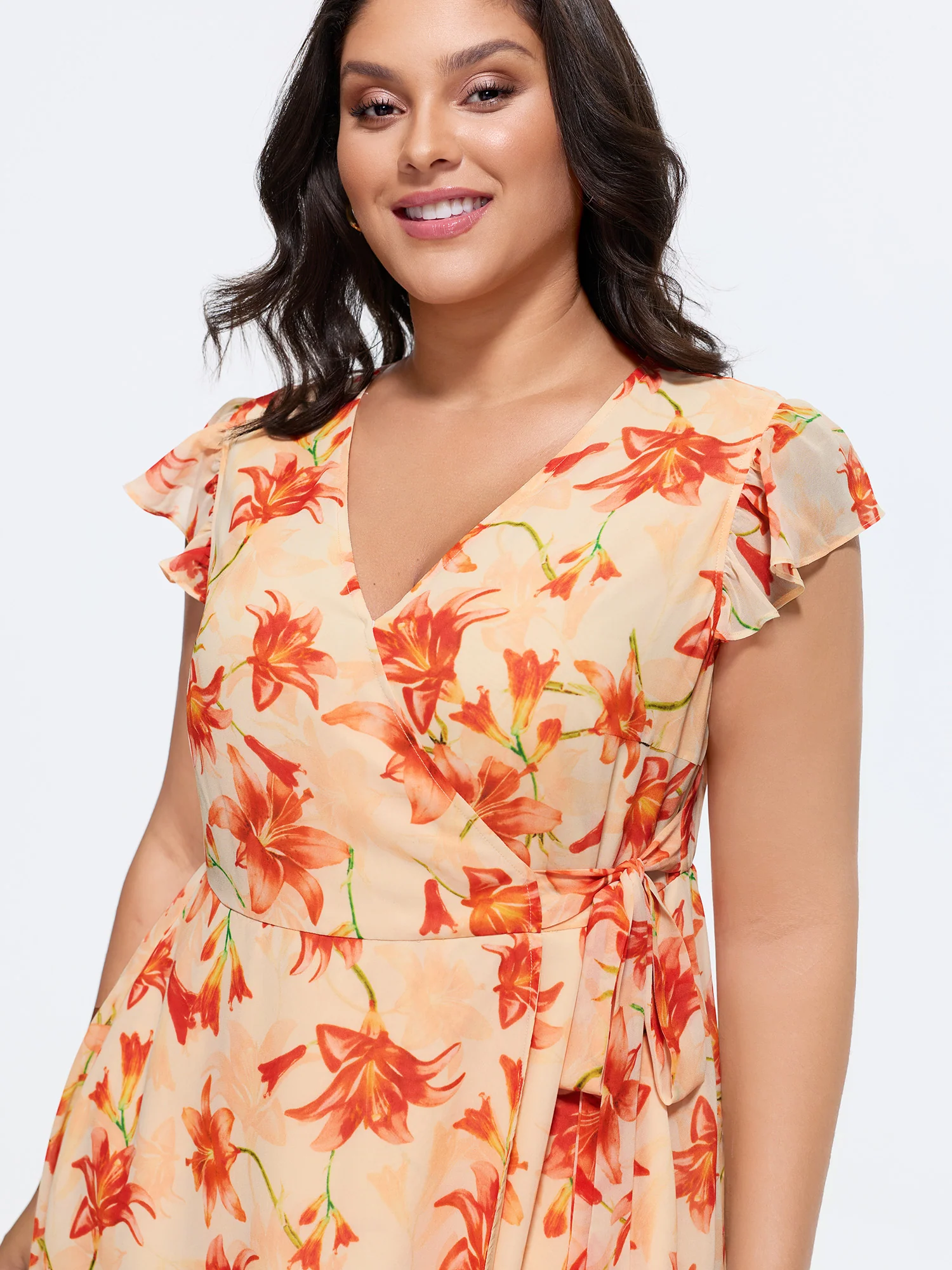 Floral Print Wrap-Tie Front High Low Hem Midi Dress - Image 2