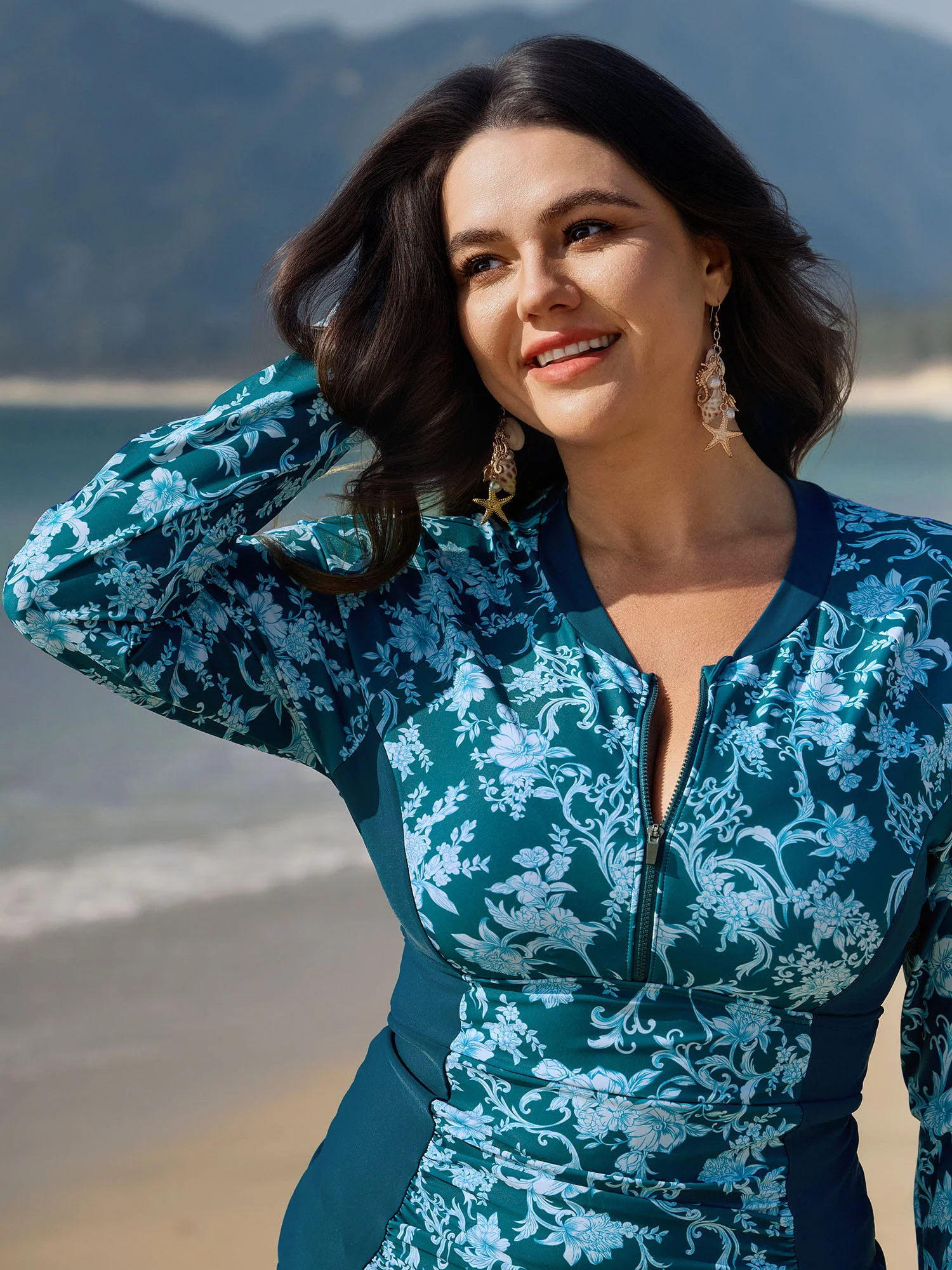 Floral Print Zipper Front One-Piece Swimsuit - Image 2