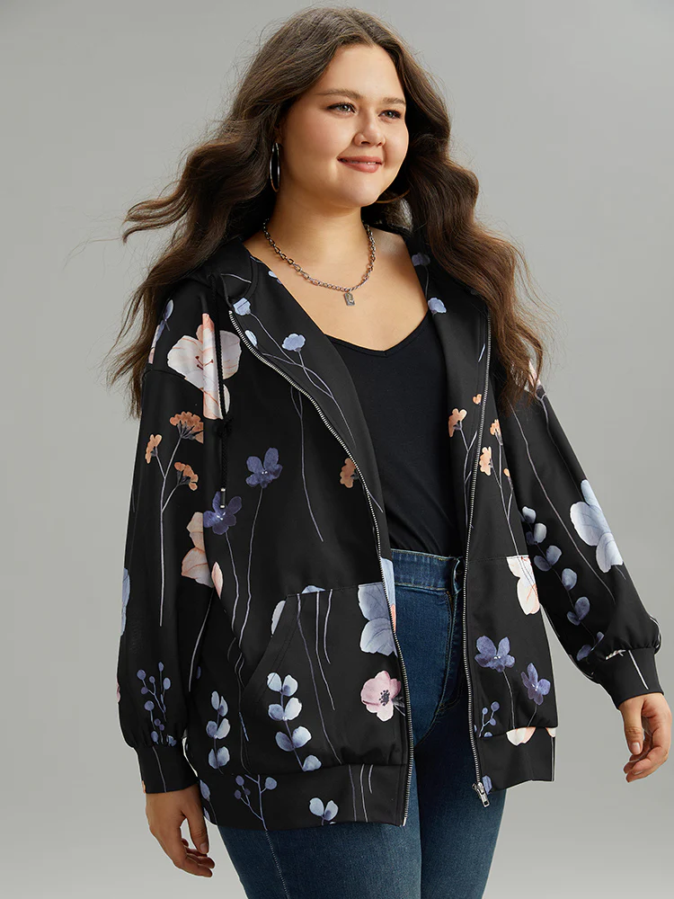 Floral Print Zipper Hooded Pocket Windbreaker - Image 2