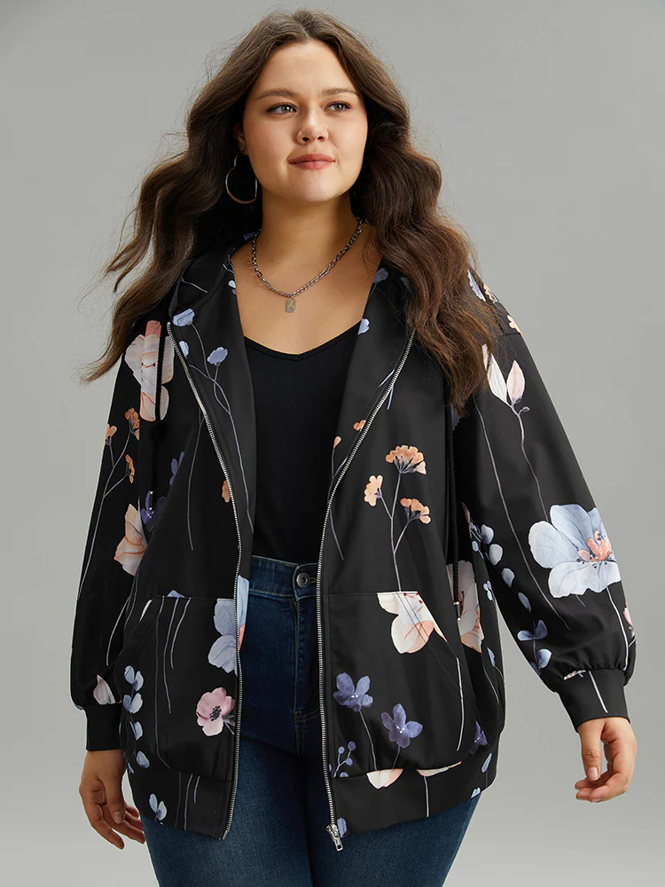 Floral Print Zipper Hooded Pocket Windbreaker - Image 3