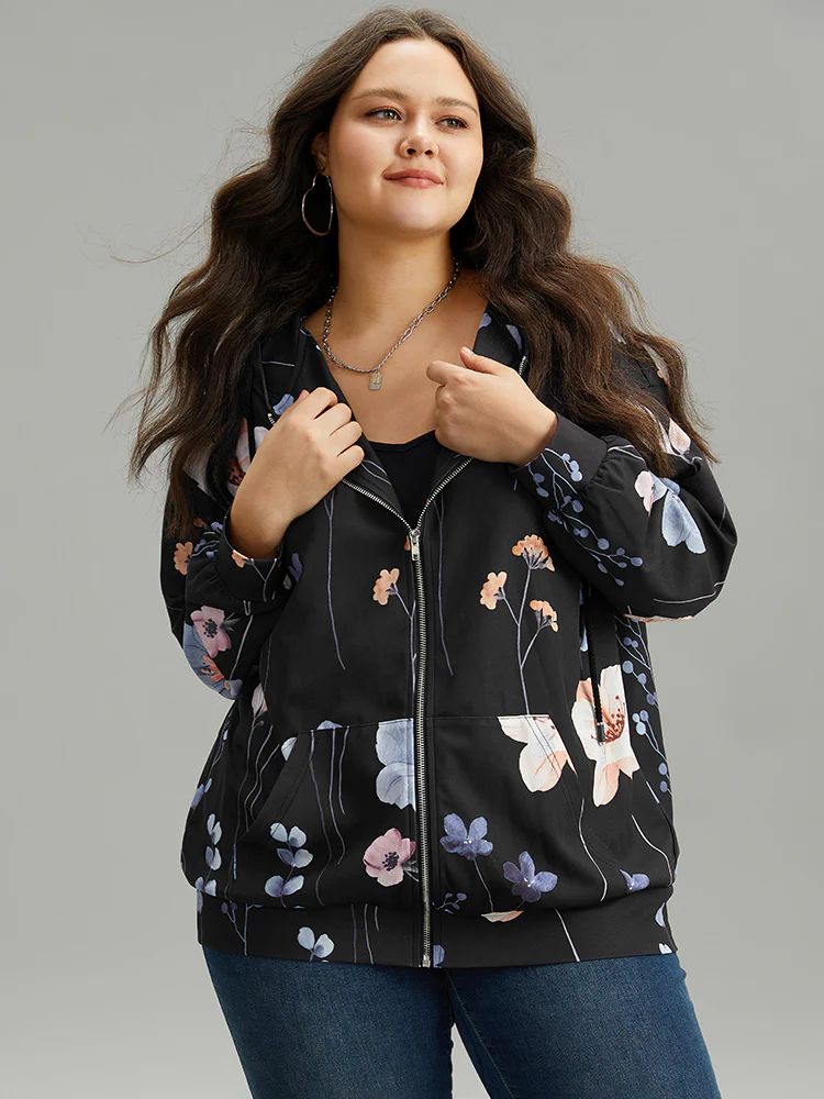 Floral Print Zipper Hooded Pocket Windbreaker - Image 4
