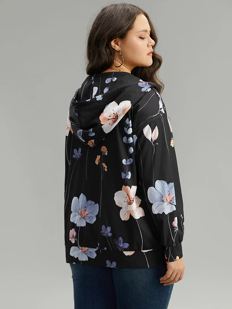 Floral Print Zipper Hooded Pocket Windbreaker - Image 6