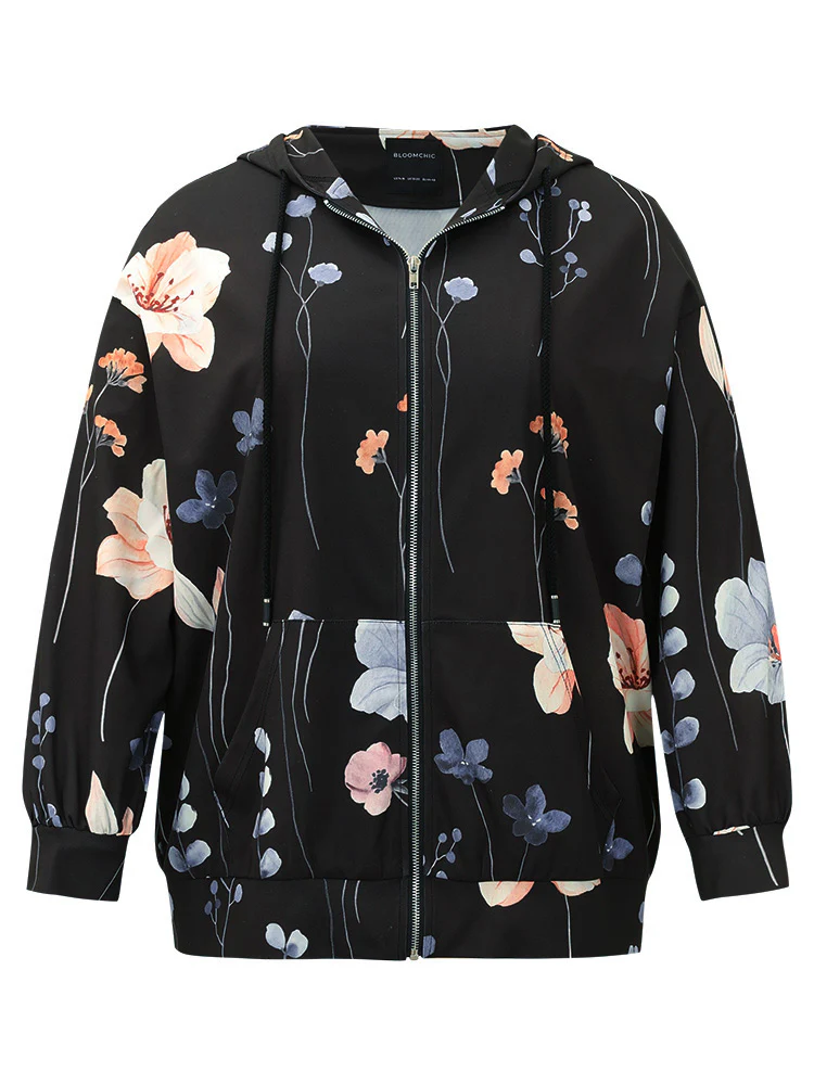 Floral Print Zipper Hooded Pocket Windbreaker - Image 7