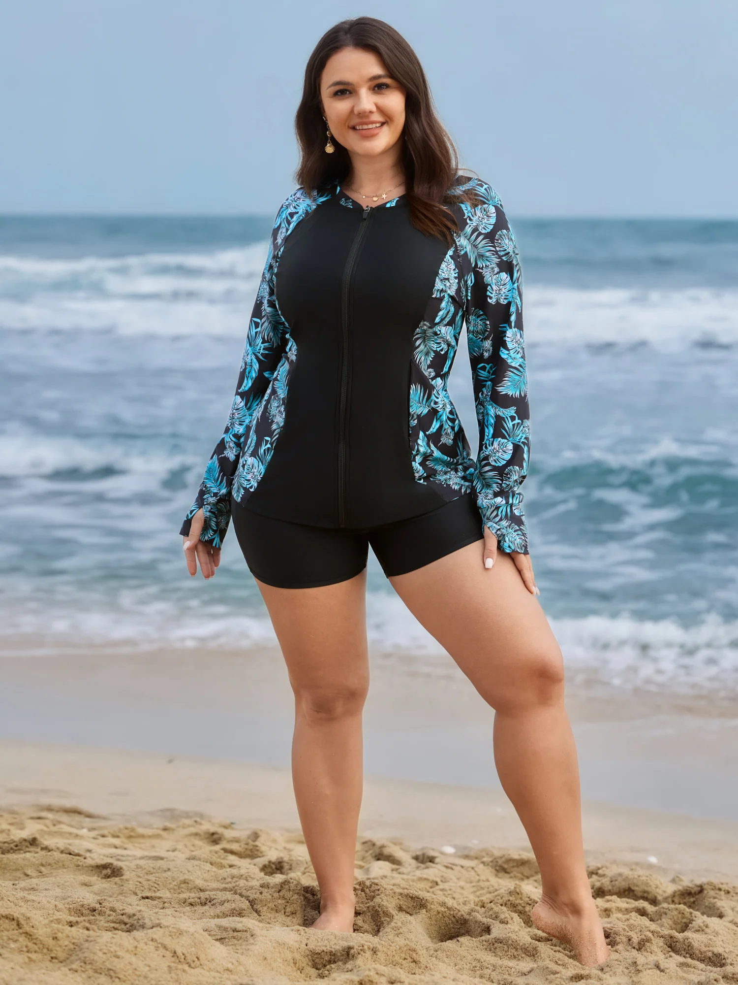 Floral Print Zipper Pocket Swim Top - Image 4
