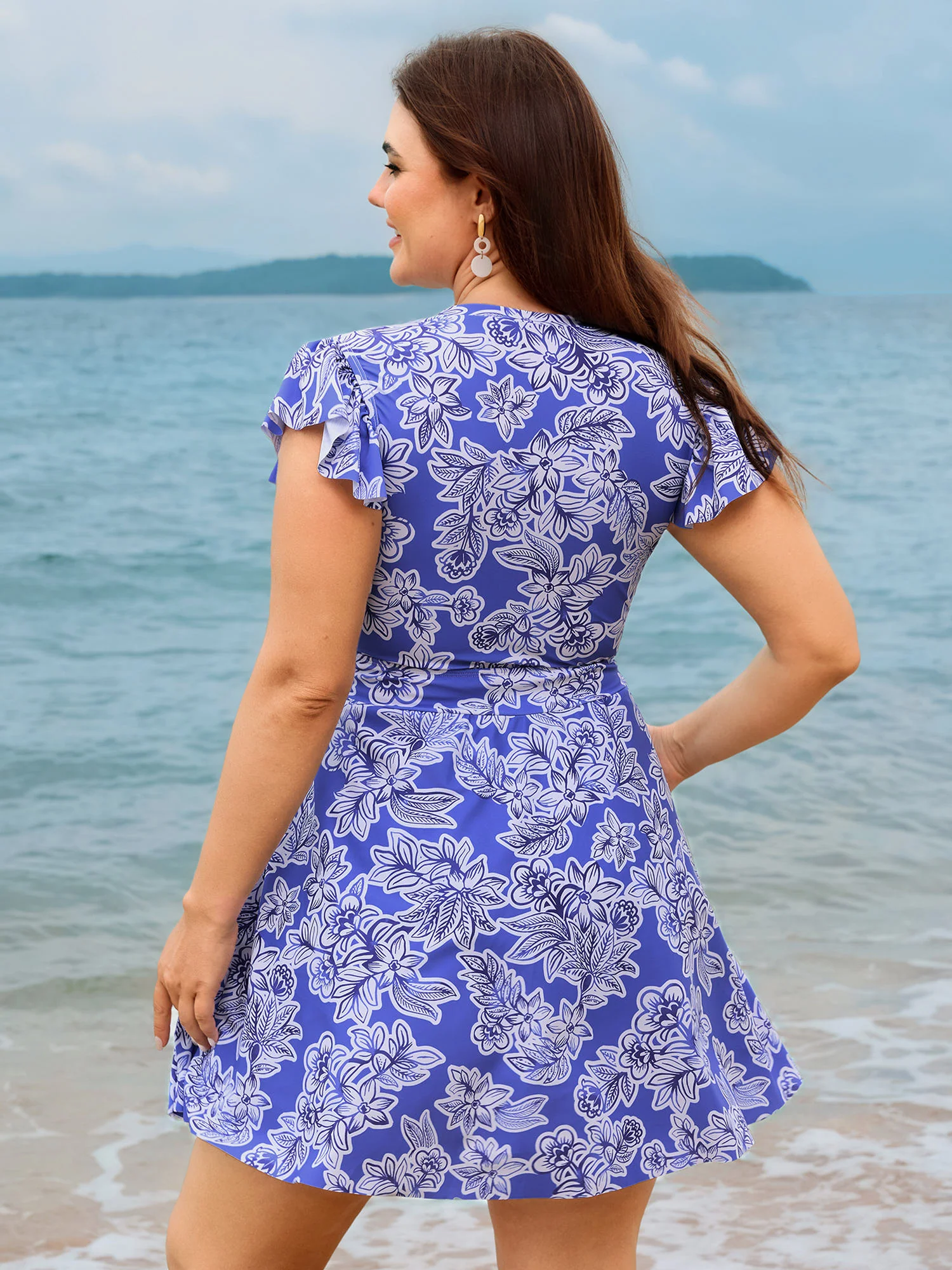 Floral Print Zipper Ruffle Sleeve Swim Dress - Image 6