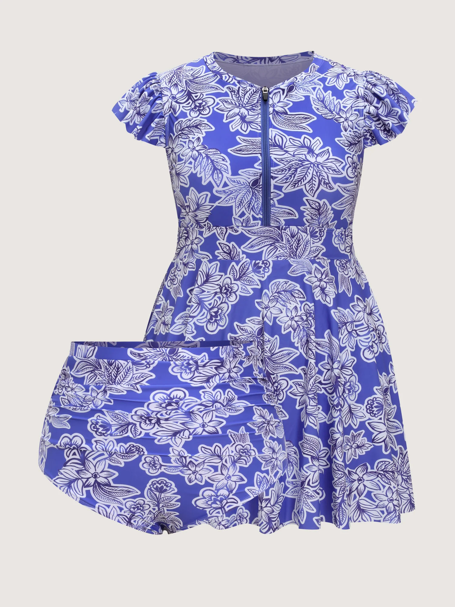 Floral Print Zipper Ruffle Sleeve Swim Dress - Image 7