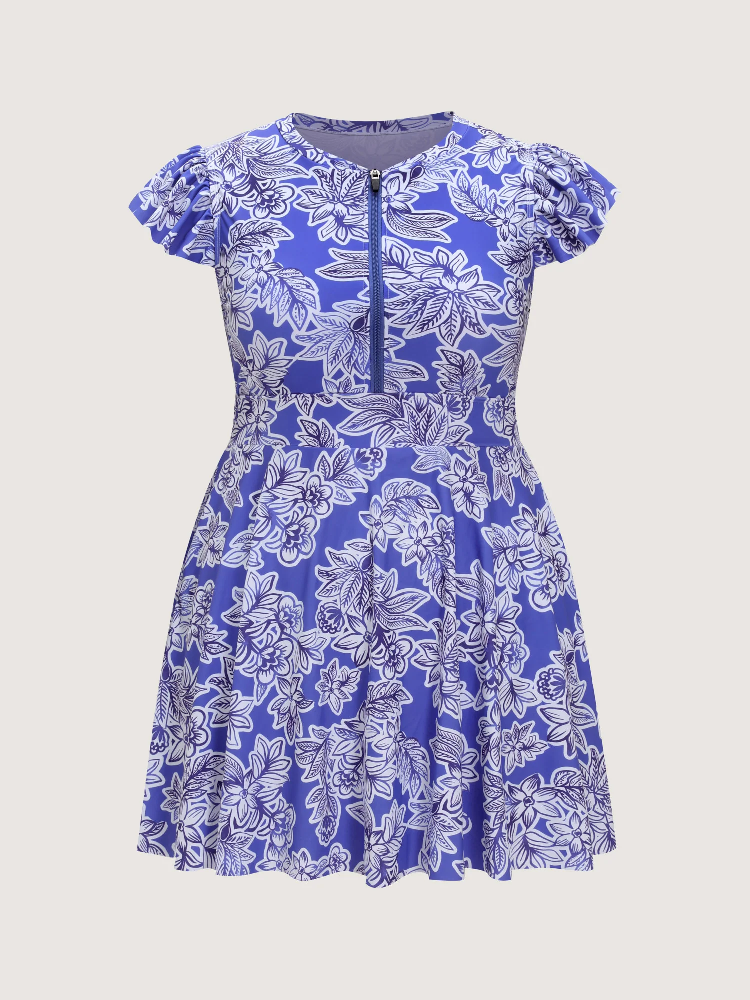 Floral Print Zipper Ruffle Sleeve Swim Dress - Image 8