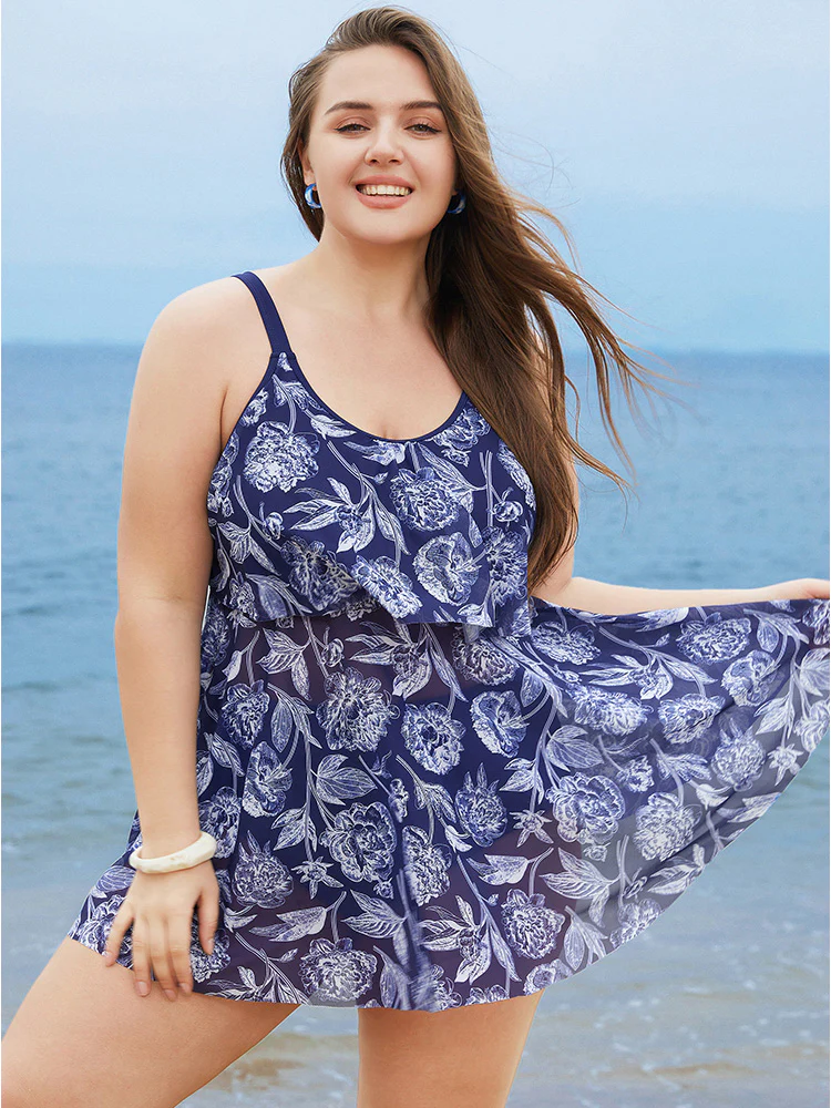 Floral Printed Adjustable Straps Ruffle Trim Tankini Top - Image 3