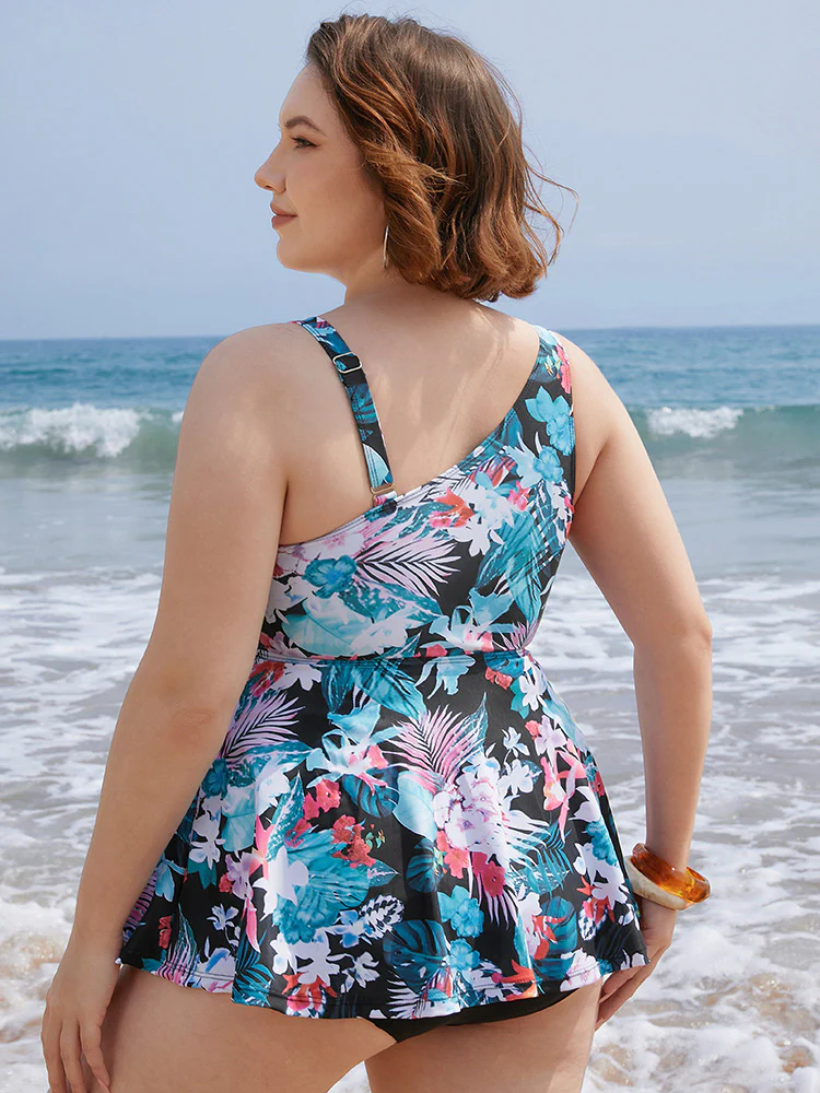 Floral Printed Asymmetrical Ruffles Hem Tankini Top - Image 2