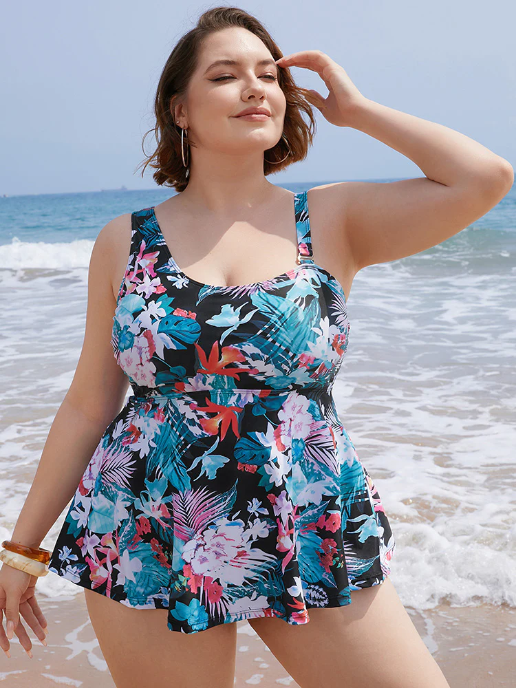 Floral Printed Asymmetrical Ruffles Hem Tankini Top - Image 3