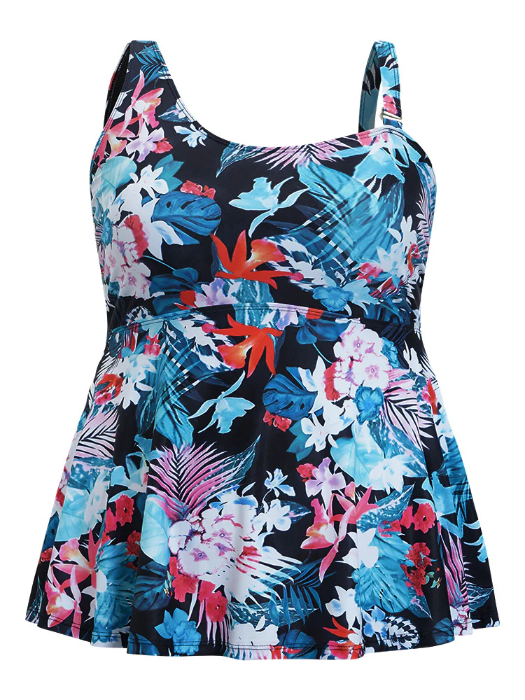 Floral Printed Asymmetrical Ruffles Hem Tankini Top - Image 8