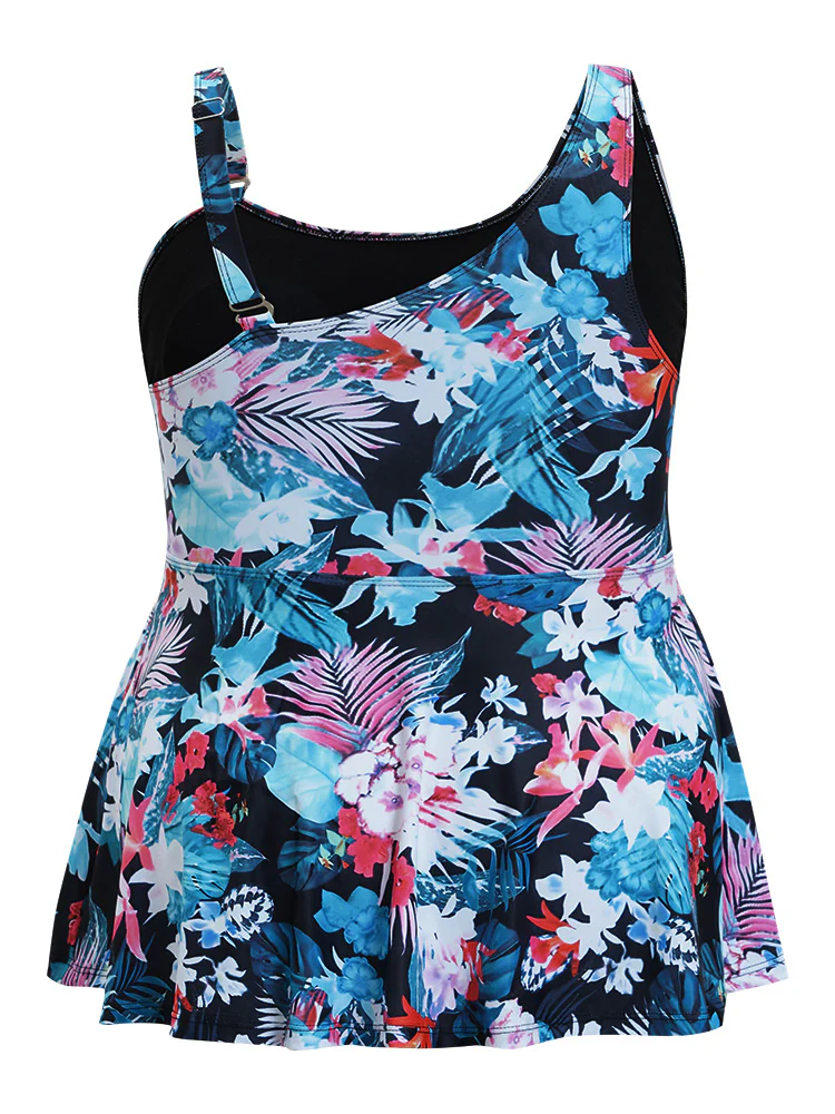 Floral Printed Asymmetrical Ruffles Hem Tankini Top - Image 9