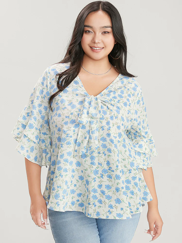 Floral Printed Knotted Front V Neck Ruffle Sleeve Blouse - Image 2