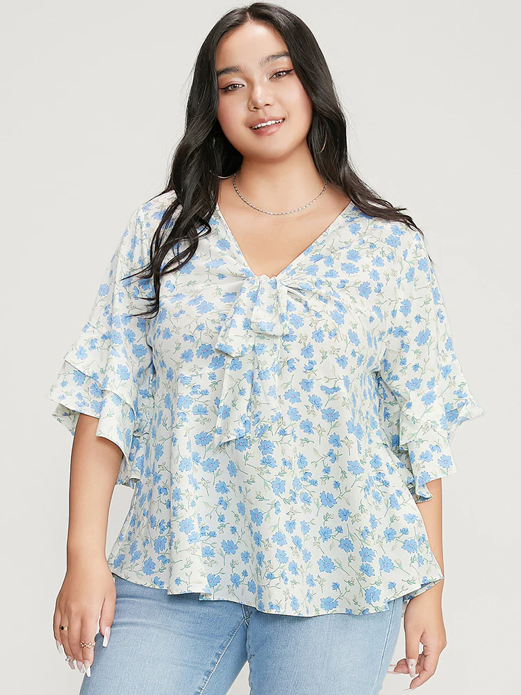 Floral Printed Knotted Front V Neck Ruffle Sleeve Blouse - Image 3