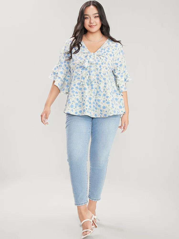 Floral Printed Knotted Front V Neck Ruffle Sleeve Blouse - Image 4