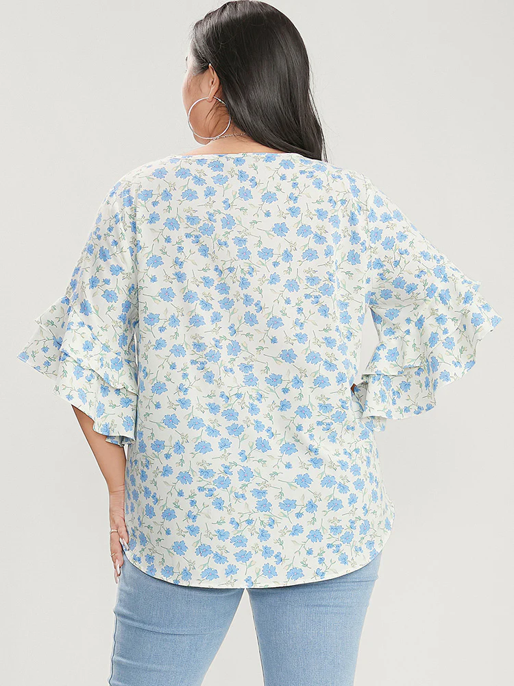 Floral Printed Knotted Front V Neck Ruffle Sleeve Blouse - Image 5