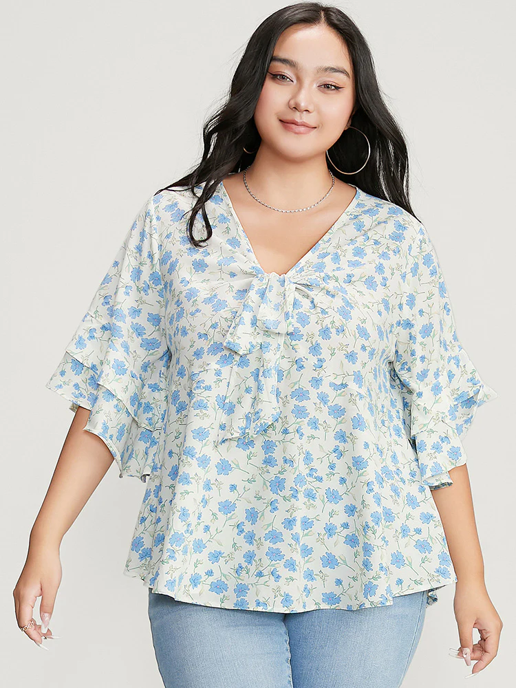 Floral Printed Knotted Front V Neck Ruffle Sleeve Blouse - Image 6