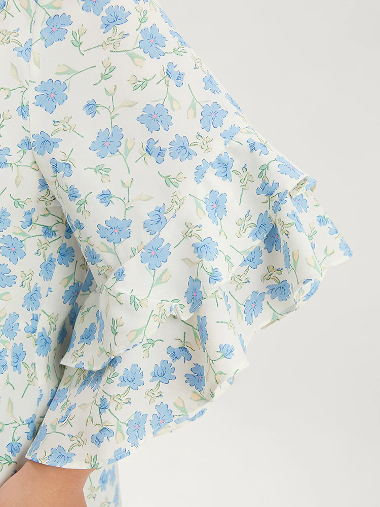 Floral Printed Knotted Front V Neck Ruffle Sleeve Blouse - Image 7