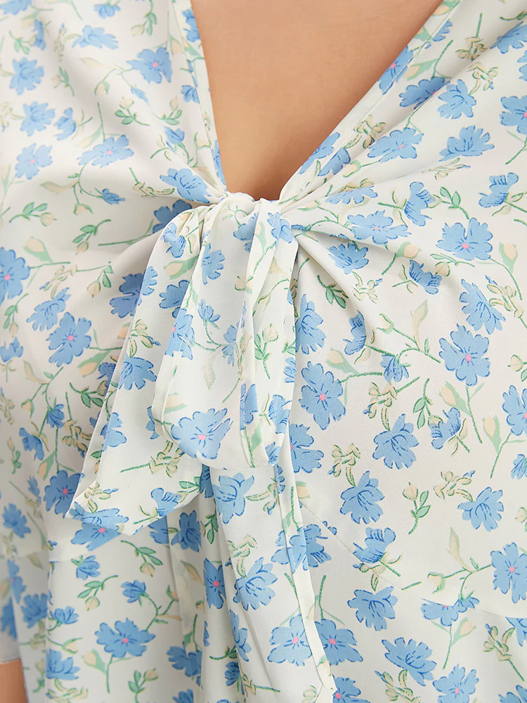 Floral Printed Knotted Front V Neck Ruffle Sleeve Blouse - Image 8