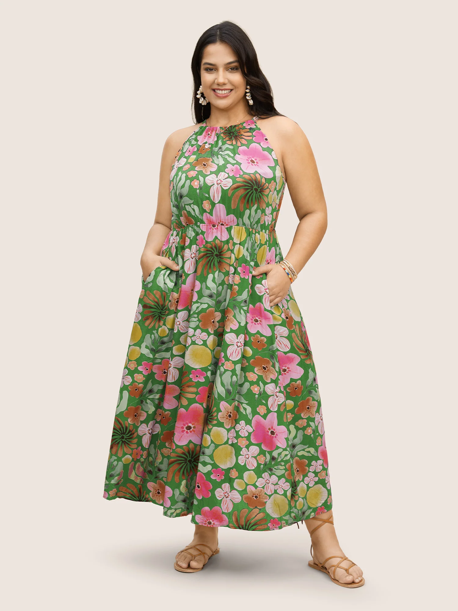 Floral Printed Patchwork Side Seam Pocket Dress - Image 3
