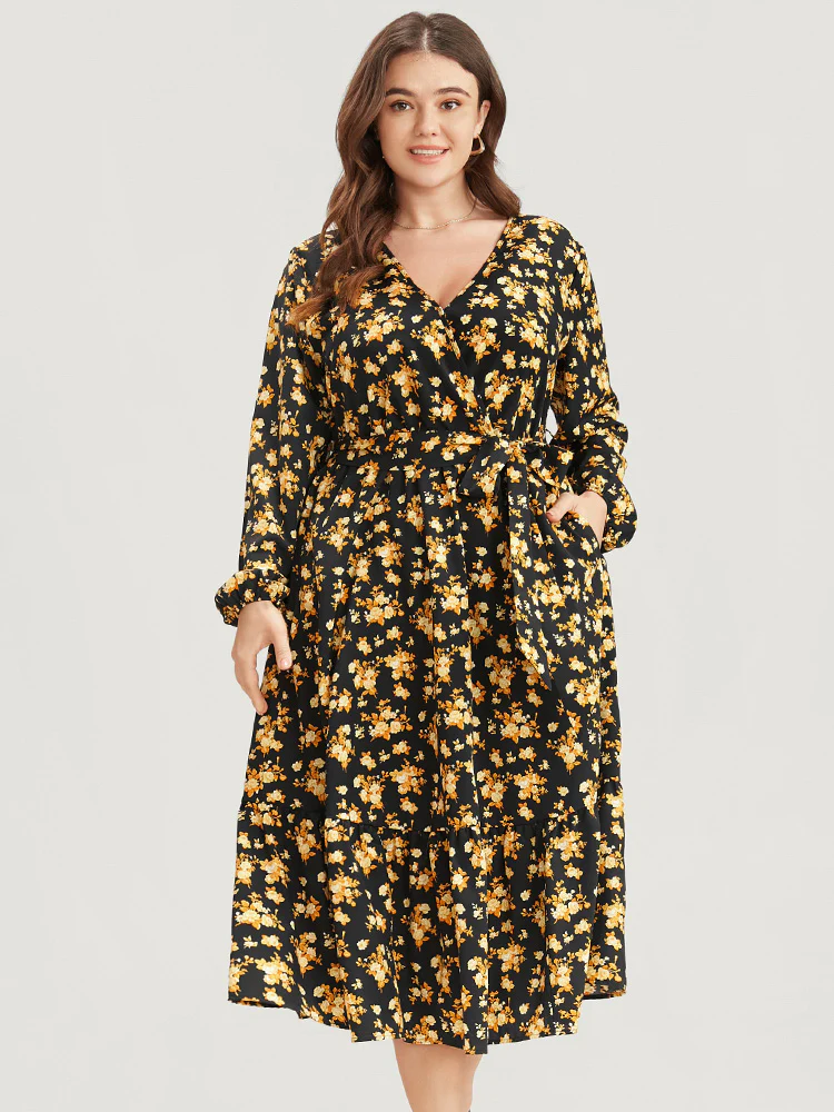Floral Printed Pocket Lantern Sleeve Belted Wrap Midi Dress - Image 2