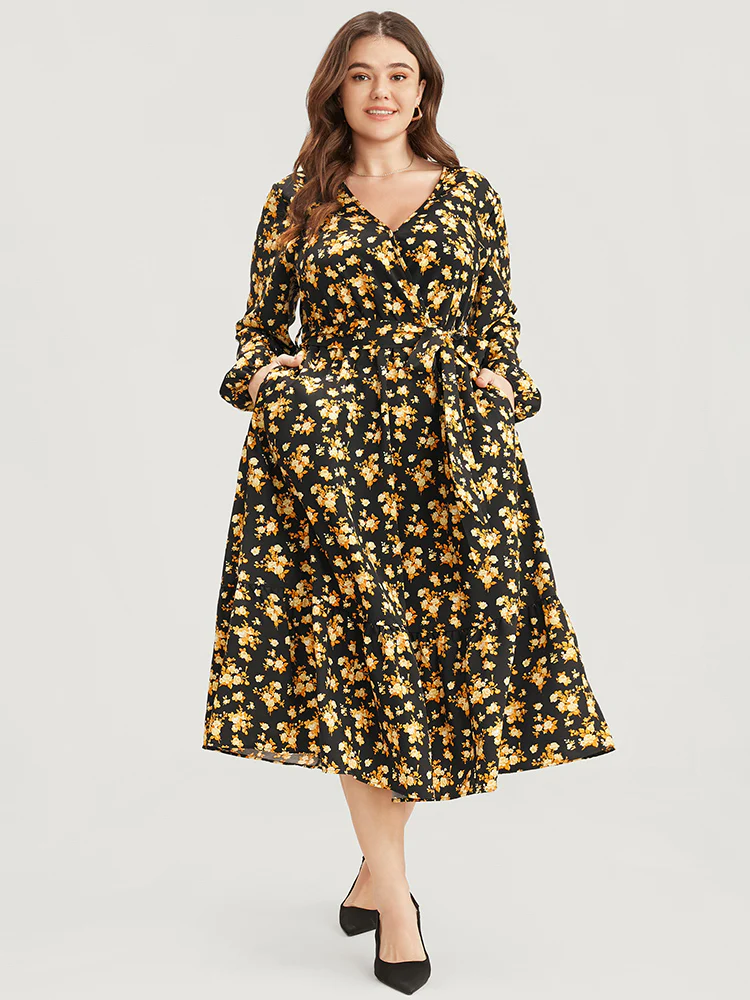 Floral Printed Pocket Lantern Sleeve Belted Wrap Midi Dress - Image 4