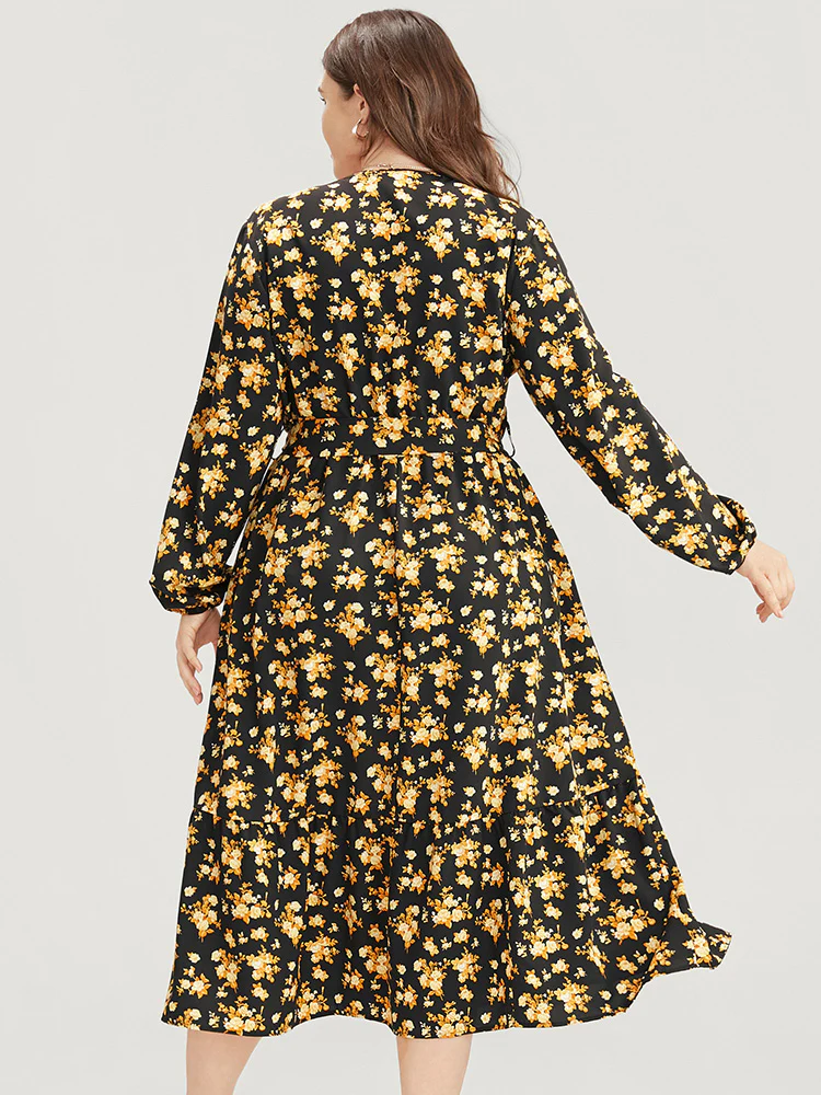 Floral Printed Pocket Lantern Sleeve Belted Wrap Midi Dress - Image 5