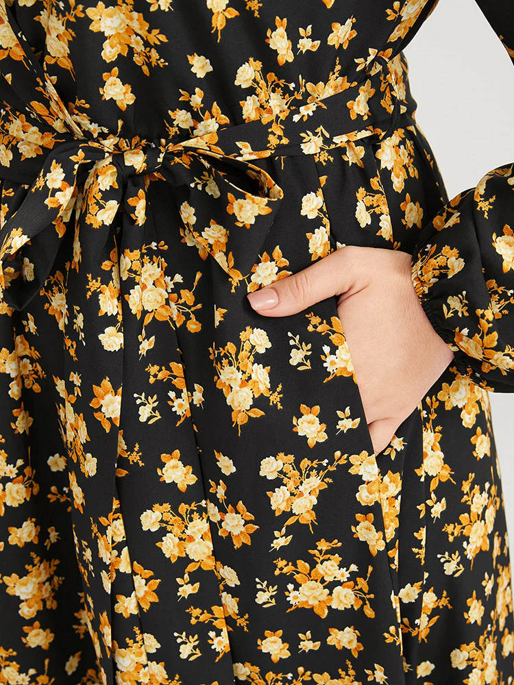 Floral Printed Pocket Lantern Sleeve Belted Wrap Midi Dress - Image 7