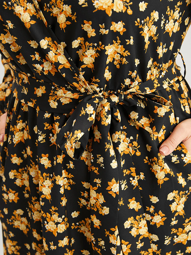 Floral Printed Pocket Lantern Sleeve Belted Wrap Midi Dress - Image 9