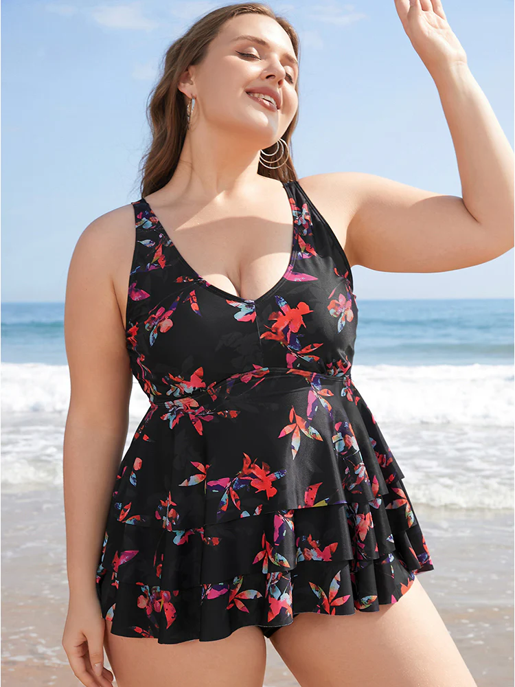 Floral Printed Ruffle Tiered A Line Tankini Top - Image 2