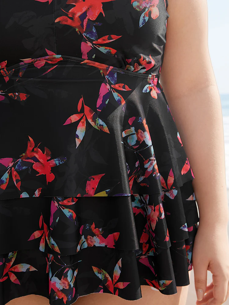 Floral Printed Ruffle Tiered A Line Tankini Top - Image 4