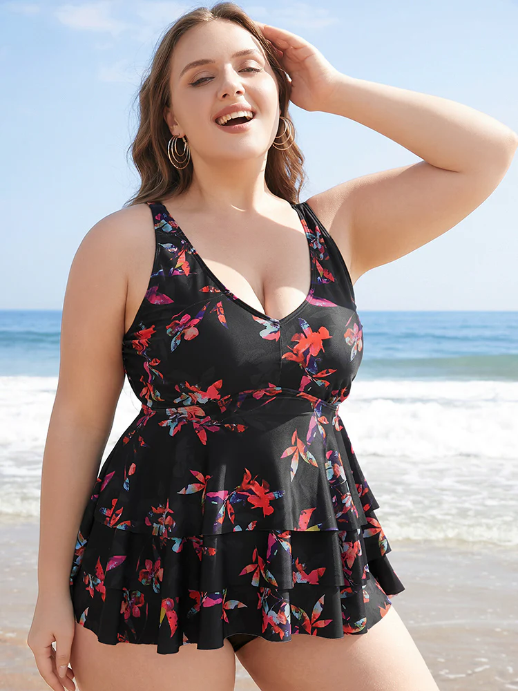 Floral Printed Ruffle Tiered A Line Tankini Top - Image 5