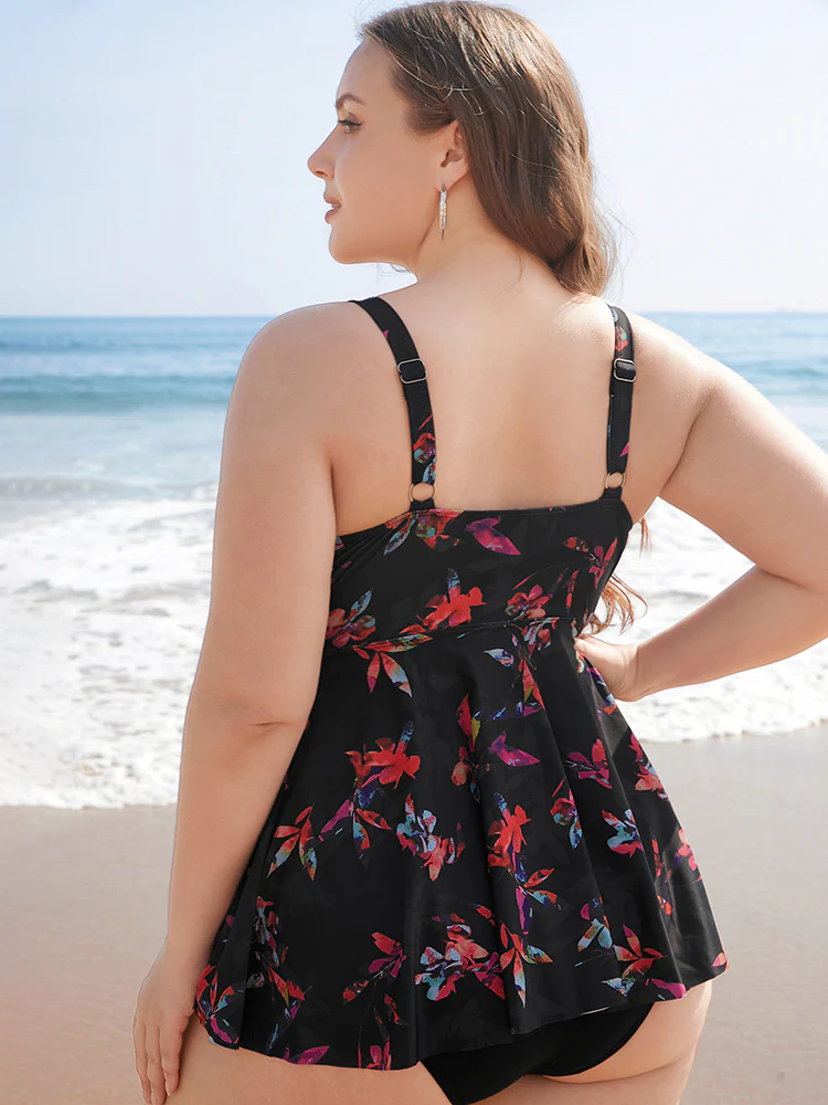 Floral Printed Ruffle Tiered A Line Tankini Top - Image 6