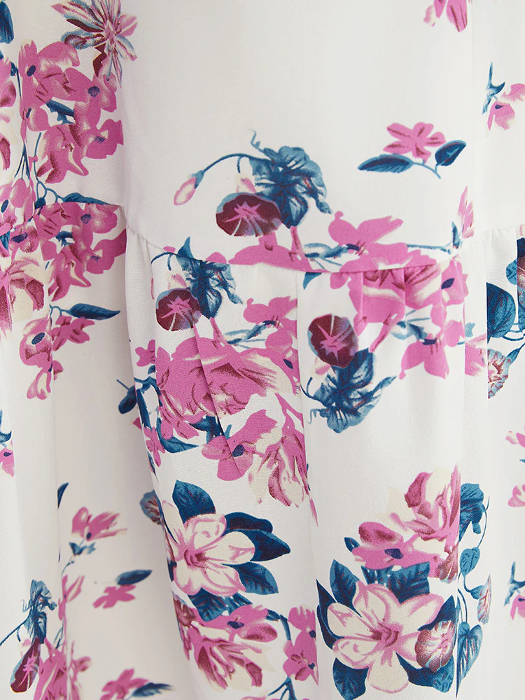 Floral Puff Sleeve Pocket Knot Front Scoop Neck Flutter Dress - Image 10