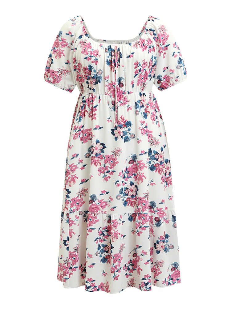 Floral Puff Sleeve Pocket Knot Front Scoop Neck Flutter Dress - Image 11
