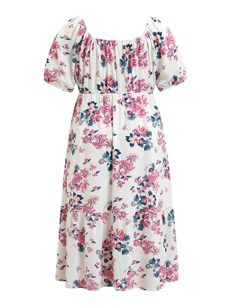Floral Puff Sleeve Pocket Knot Front Scoop Neck Flutter Dress - Image 12