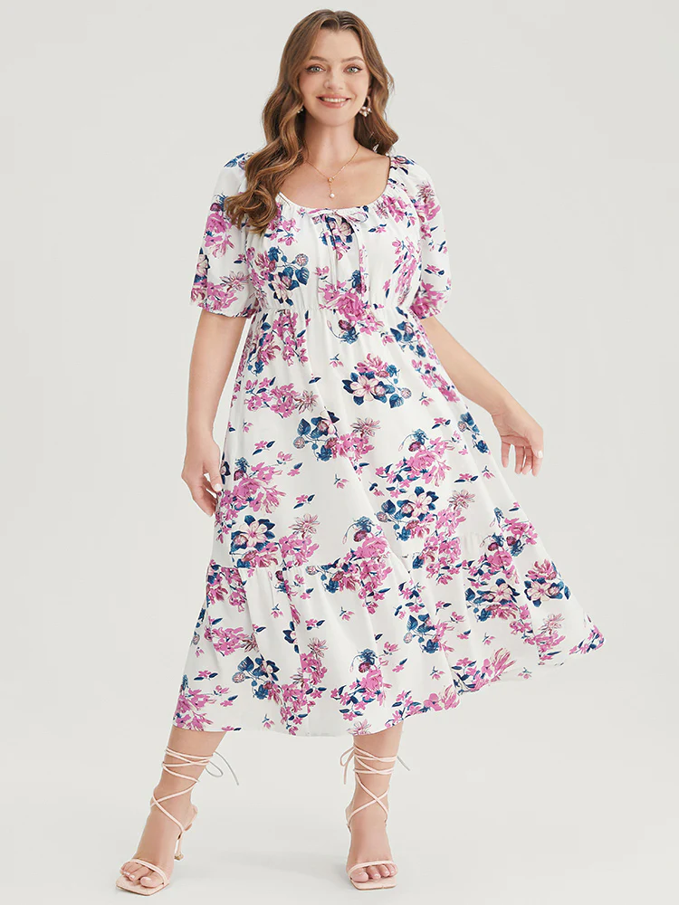 Floral Puff Sleeve Pocket Knot Front Scoop Neck Flutter Dress - Image 2