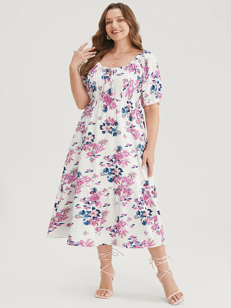 Floral Puff Sleeve Pocket Knot Front Scoop Neck Flutter Dress - Image 3