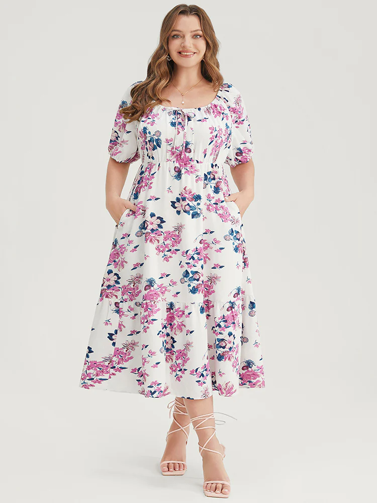 Floral Puff Sleeve Pocket Knot Front Scoop Neck Flutter Dress - Image 4