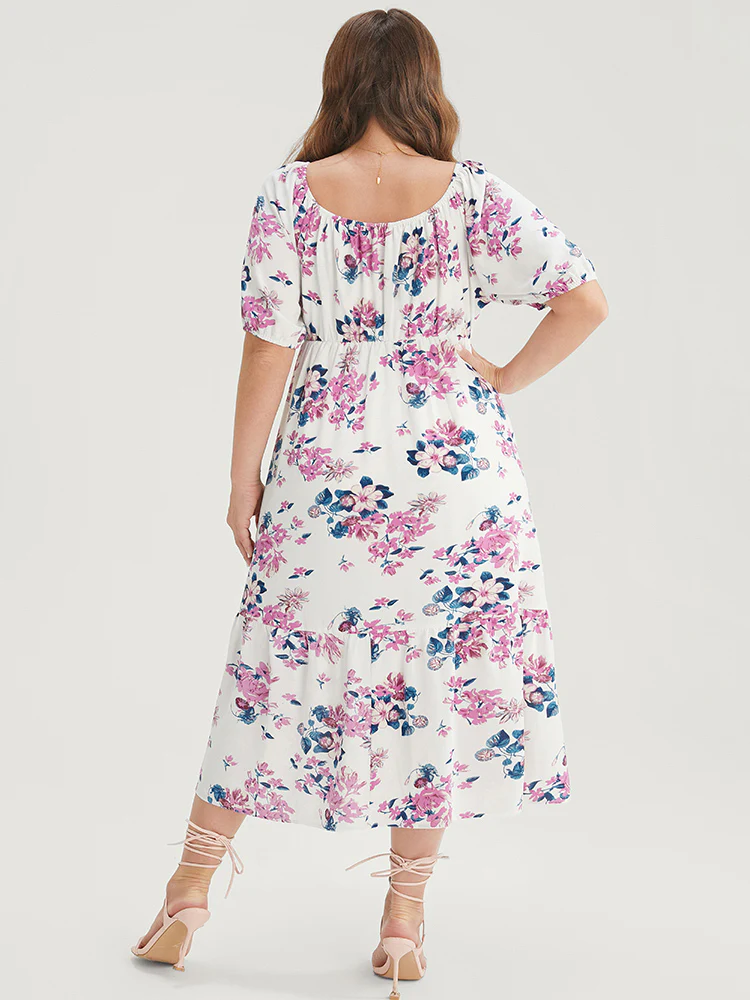 Floral Puff Sleeve Pocket Knot Front Scoop Neck Flutter Dress - Image 5