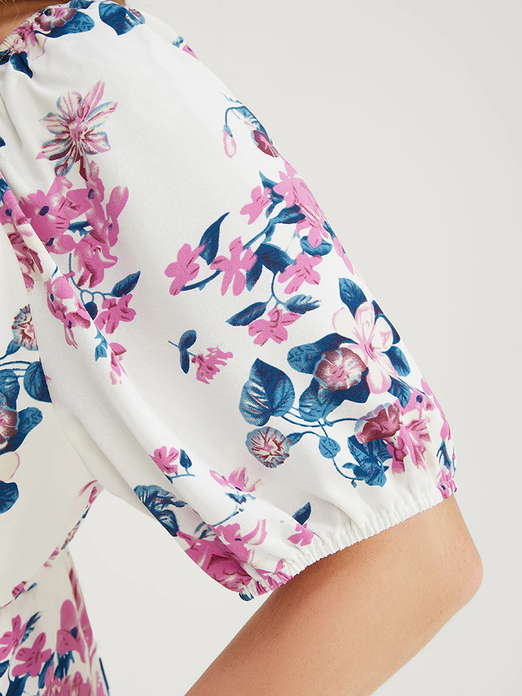Floral Puff Sleeve Pocket Knot Front Scoop Neck Flutter Dress - Image 8