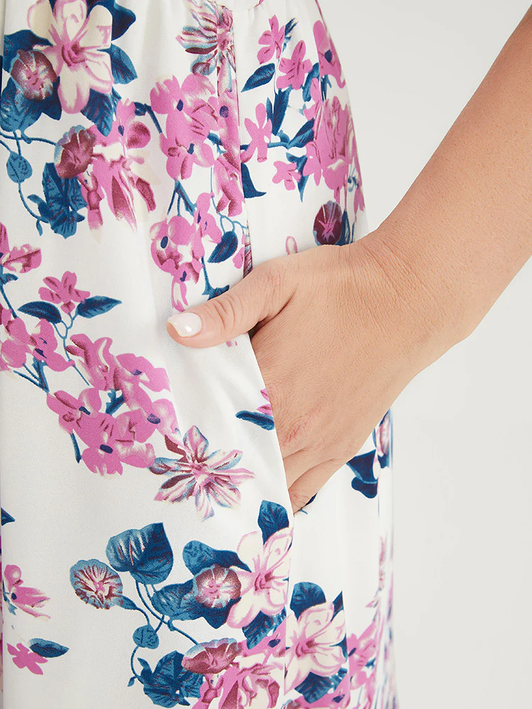 Floral Puff Sleeve Pocket Knot Front Scoop Neck Flutter Dress - Image 9