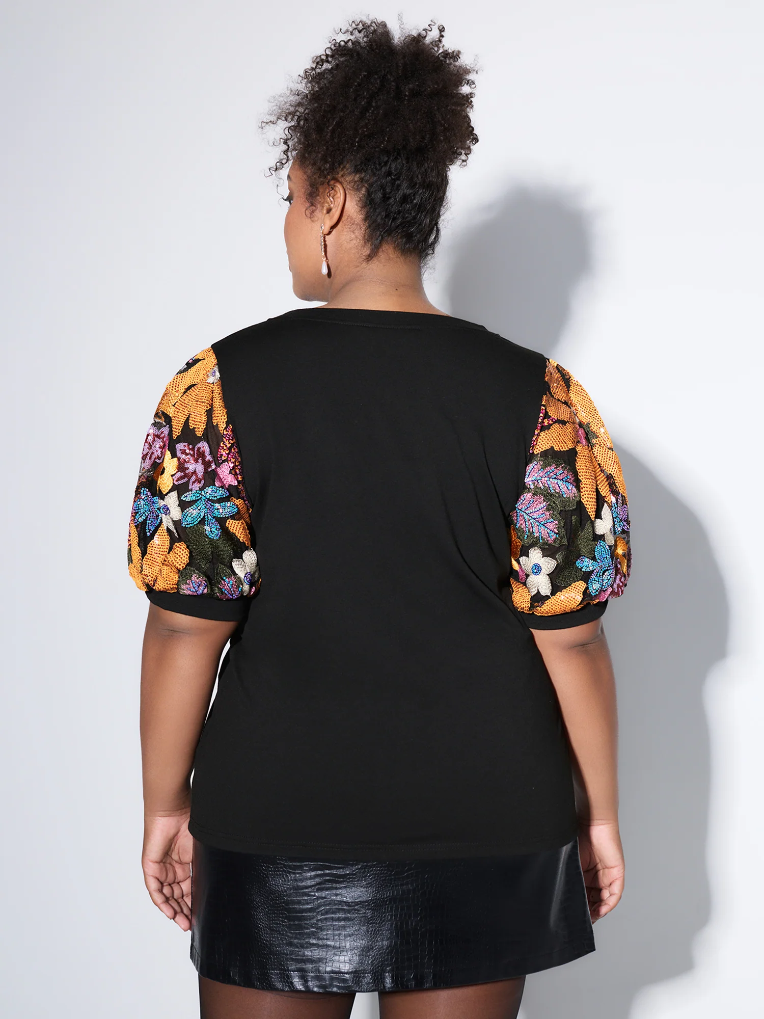 Floral Puffy Sleeve Color Contrast T-Shirt - Image 5