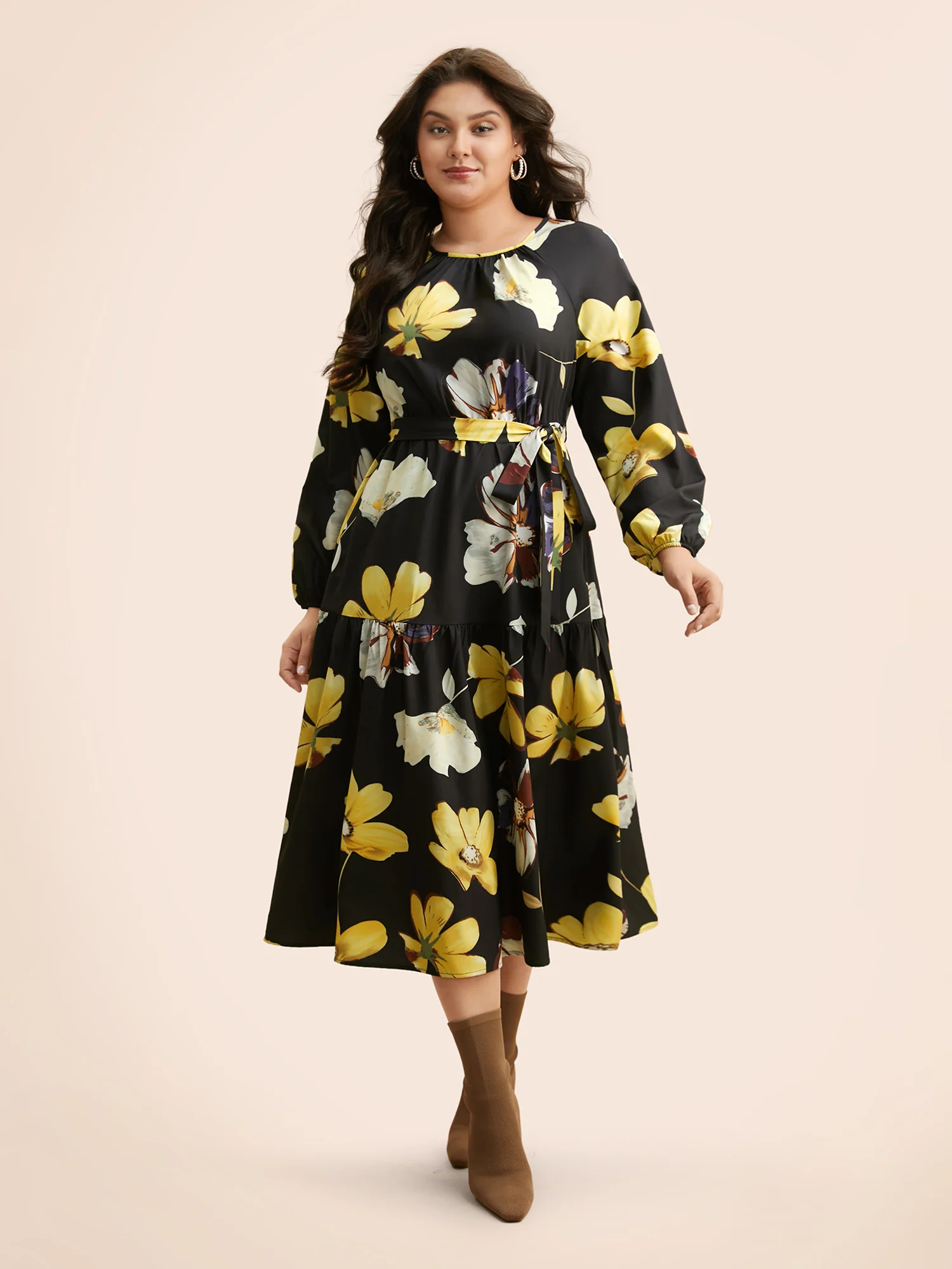 Floral Round Neck Gathered Belted Dress - Image 2