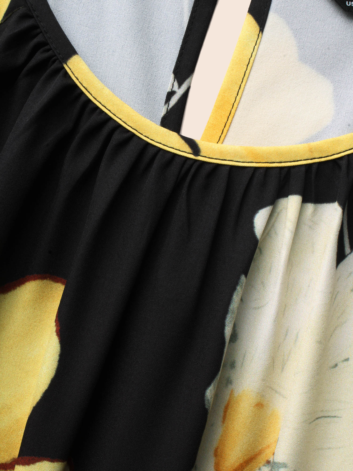 Floral Round Neck Gathered Belted Dress - Image 5