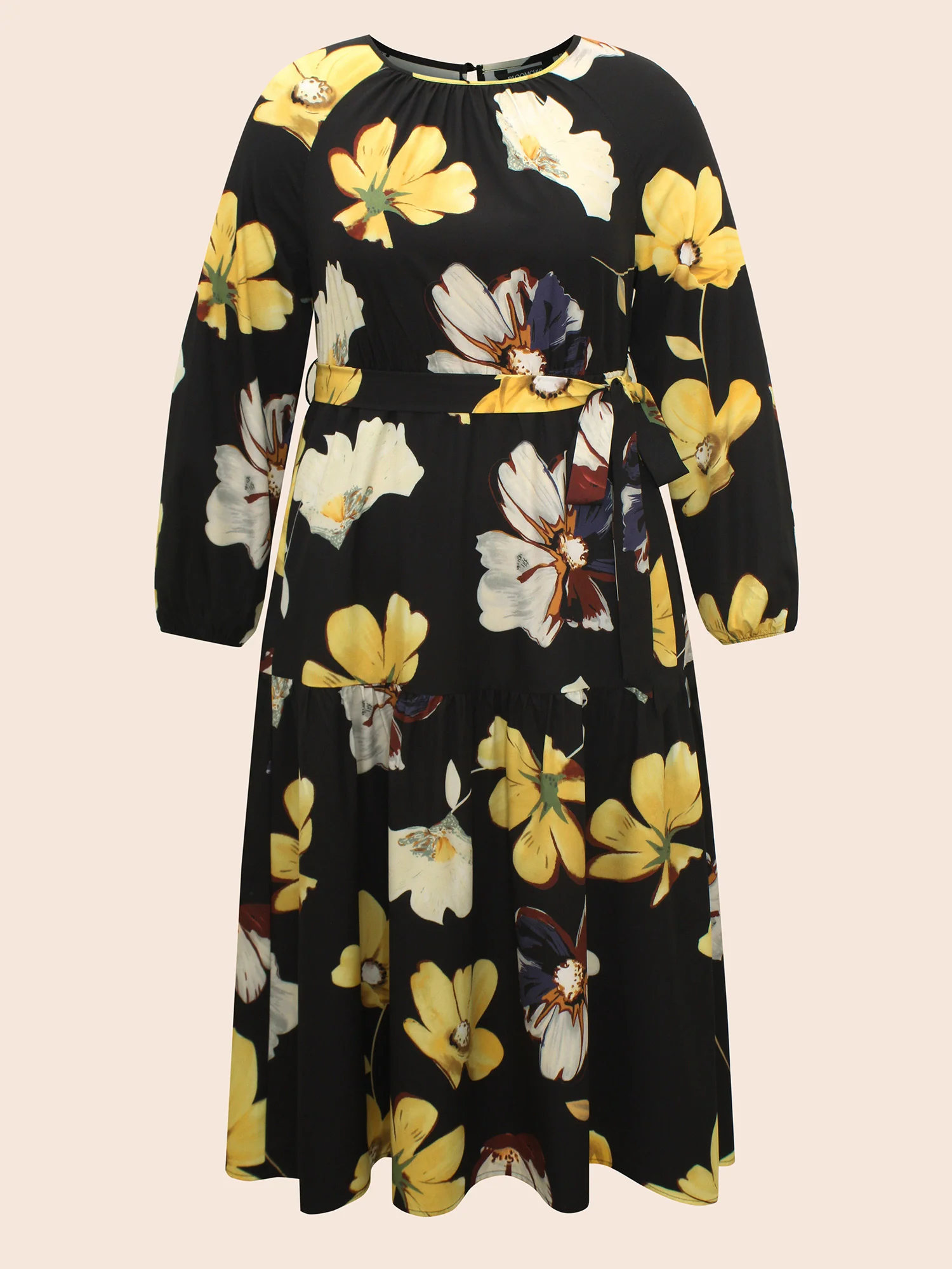 Floral Round Neck Gathered Belted Dress - Image 7