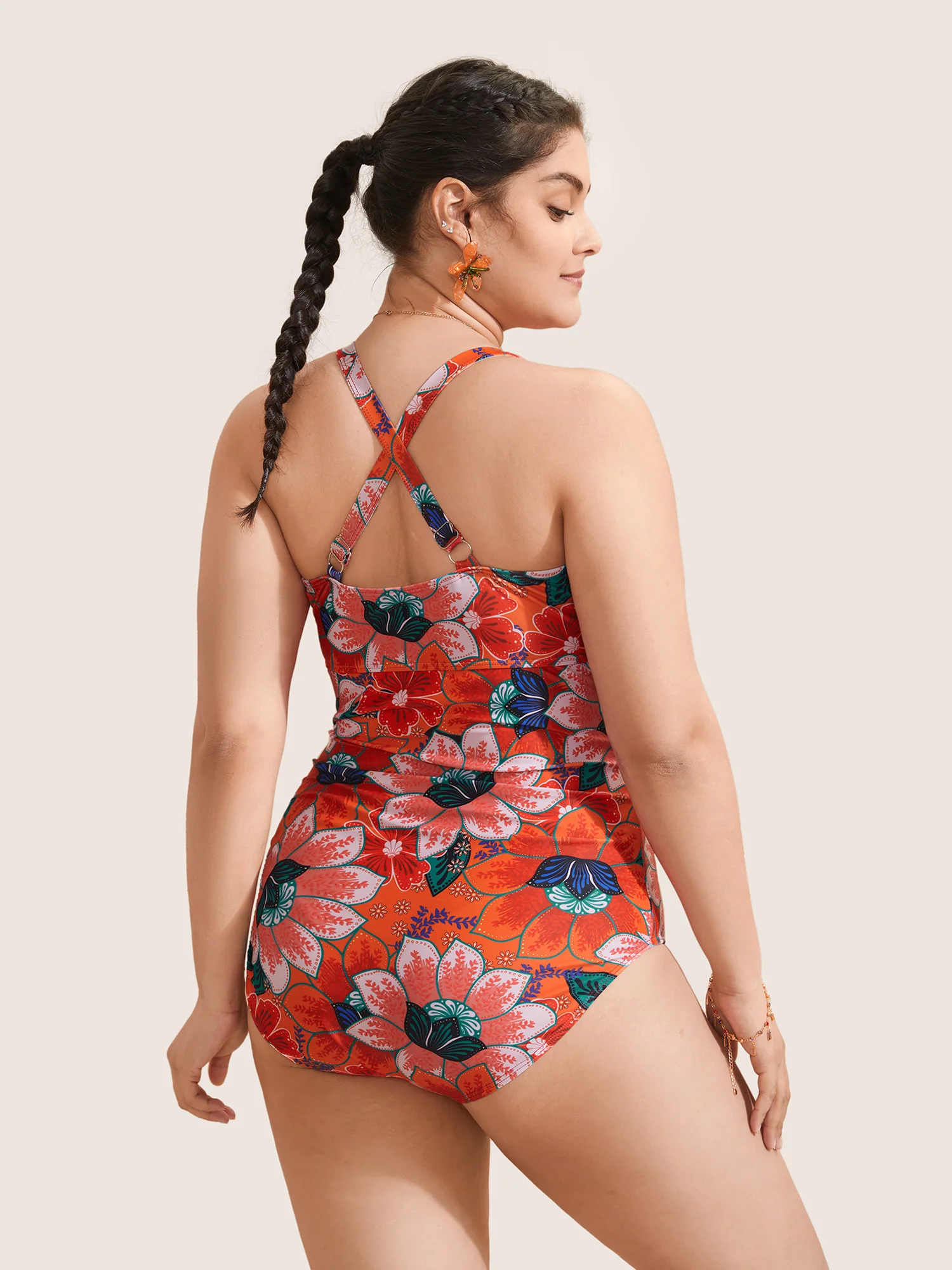 Floral Ruched Crisscross Buckle Detail One Piece Swimsuit - Image 2