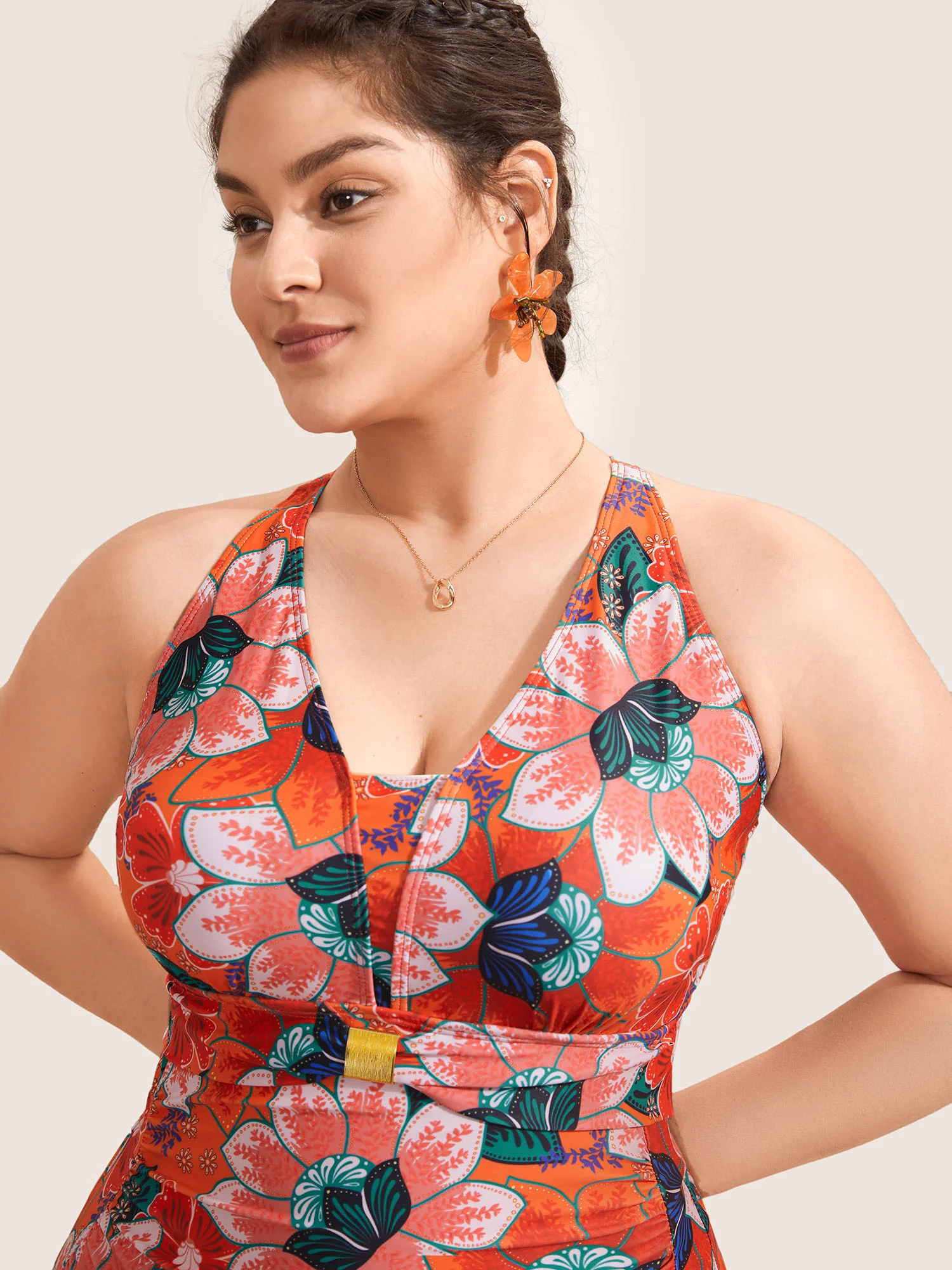 Floral Ruched Crisscross Buckle Detail One Piece Swimsuit - Image 3