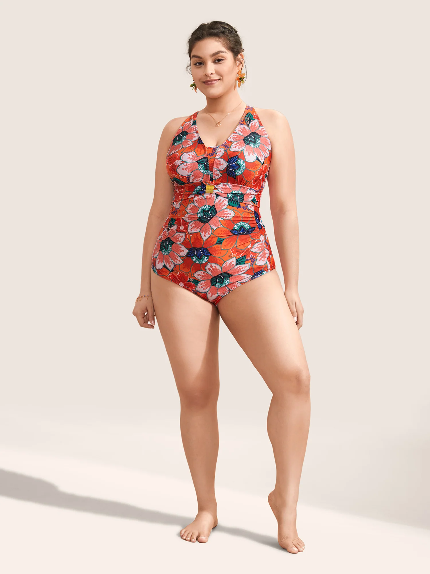 Floral Ruched Crisscross Buckle Detail One Piece Swimsuit - Image 4